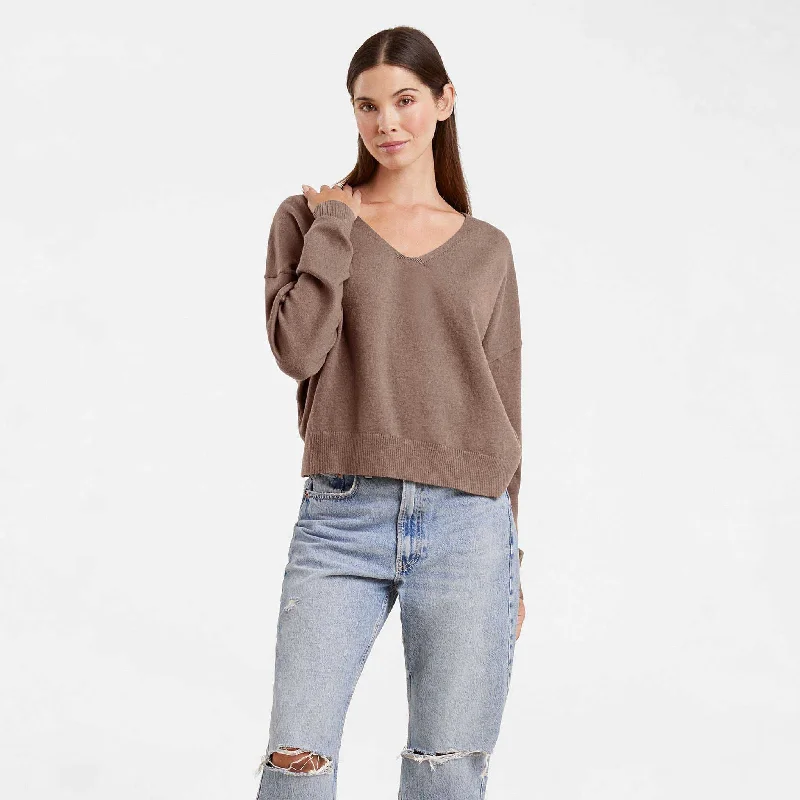 Luxe Knit V-Neck Sweater | Mocha Houndstooth Herringbone Solid