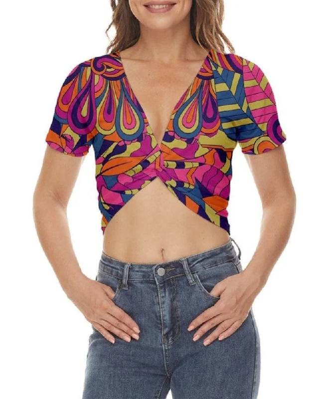 Lina Front Twist Crop Top Print Jacquard Patchwork