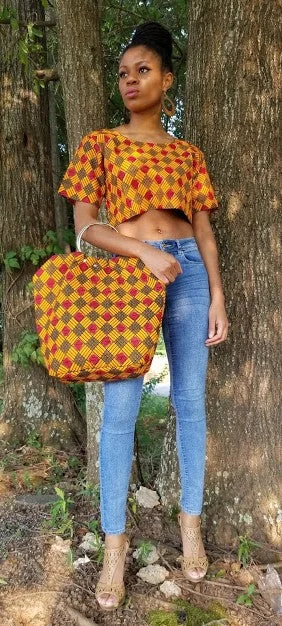 Orange and Red African Crop Top Spandex Blend Rayon Blend Denim Blend