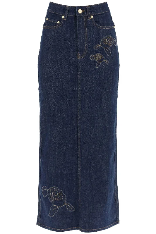 maxi denim skirt with pink embroidery J1440 RINSE athletic skirt fit