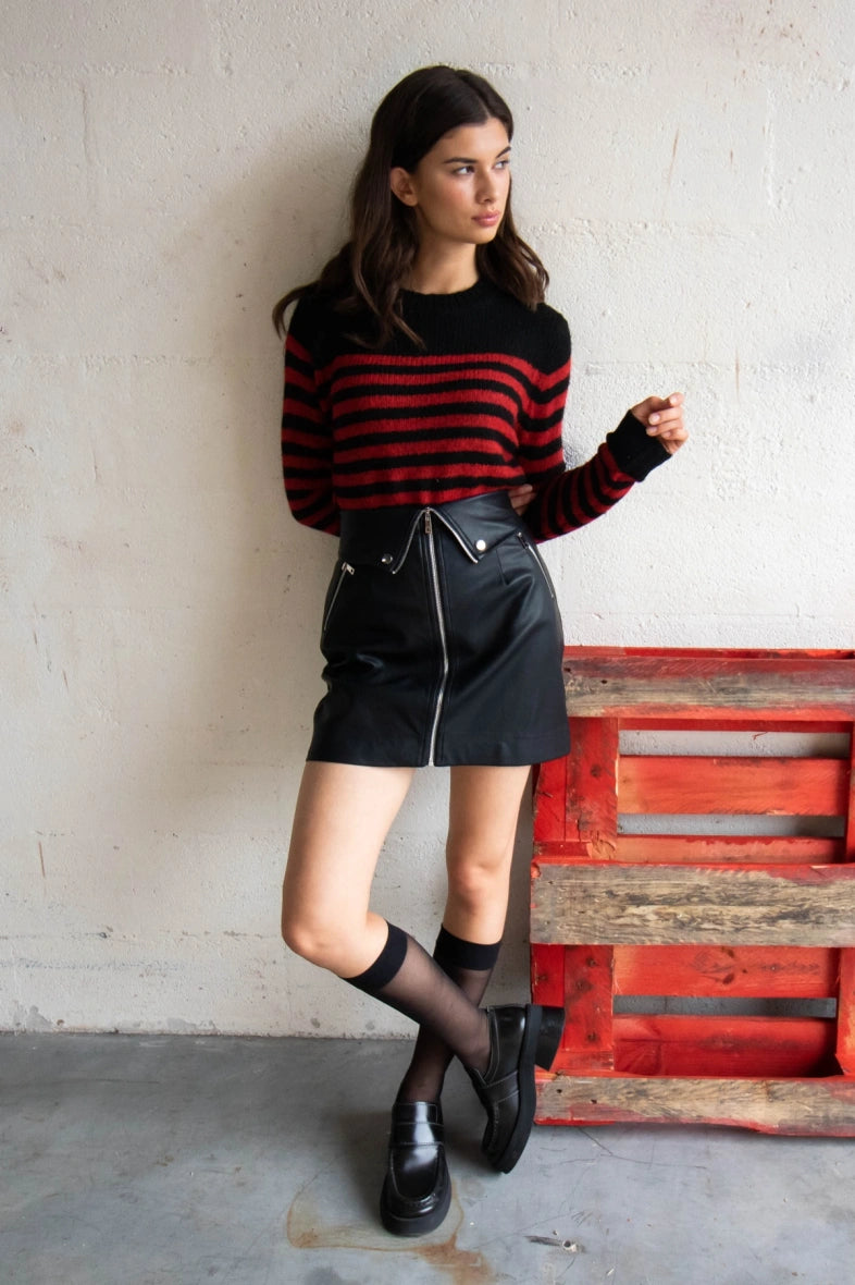 Red & Black Striped Sweater Collared Crew Neck Turtle Neck