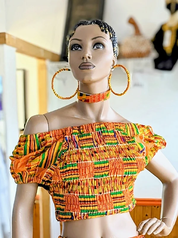 Kufior Smocked Cotton Kente African Print Crop Top-DP3227SCT Terry Blend Velvet Blend Canvas Blend