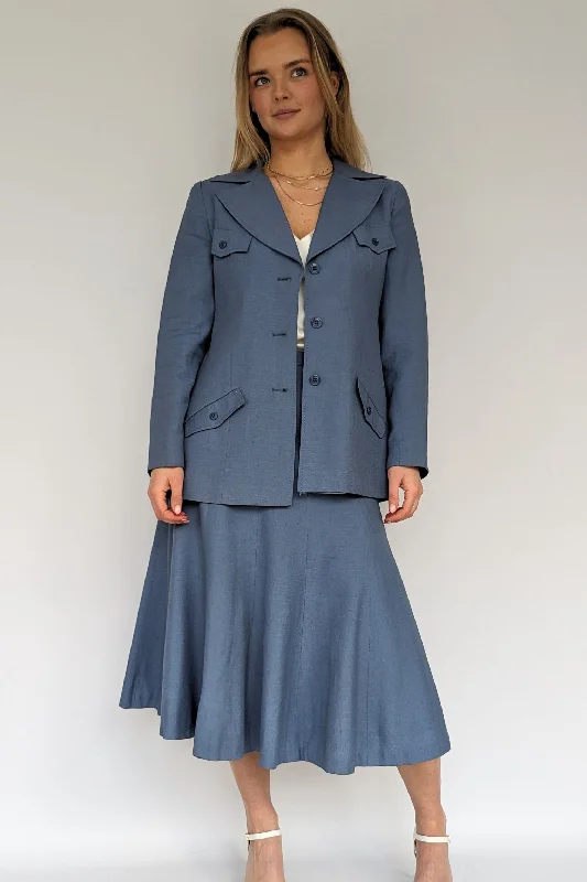 1960s Louis Feraud Dusty Blue Two Piece Skirt Suit silk skirt luxurious