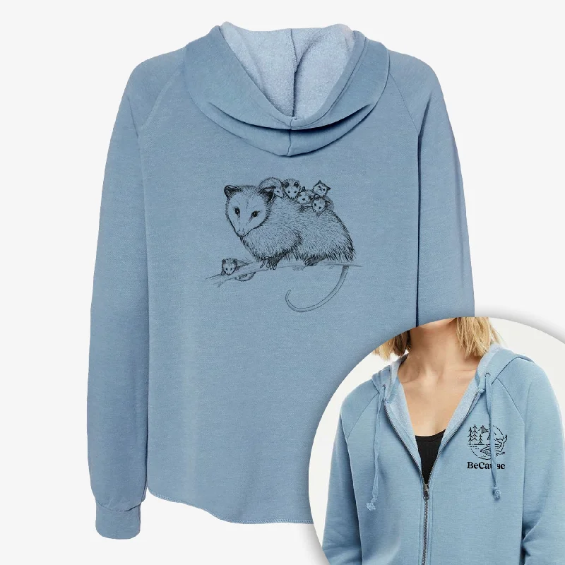 Mama Opossum with Babies - Women's Cali Wave Zip-Up Sweatshirt Hoodie with Applique Textured Unique