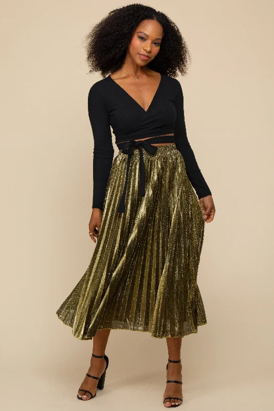 Gold Accordion Glitter Pleat Maxi Skirt velvet skirt luxurious