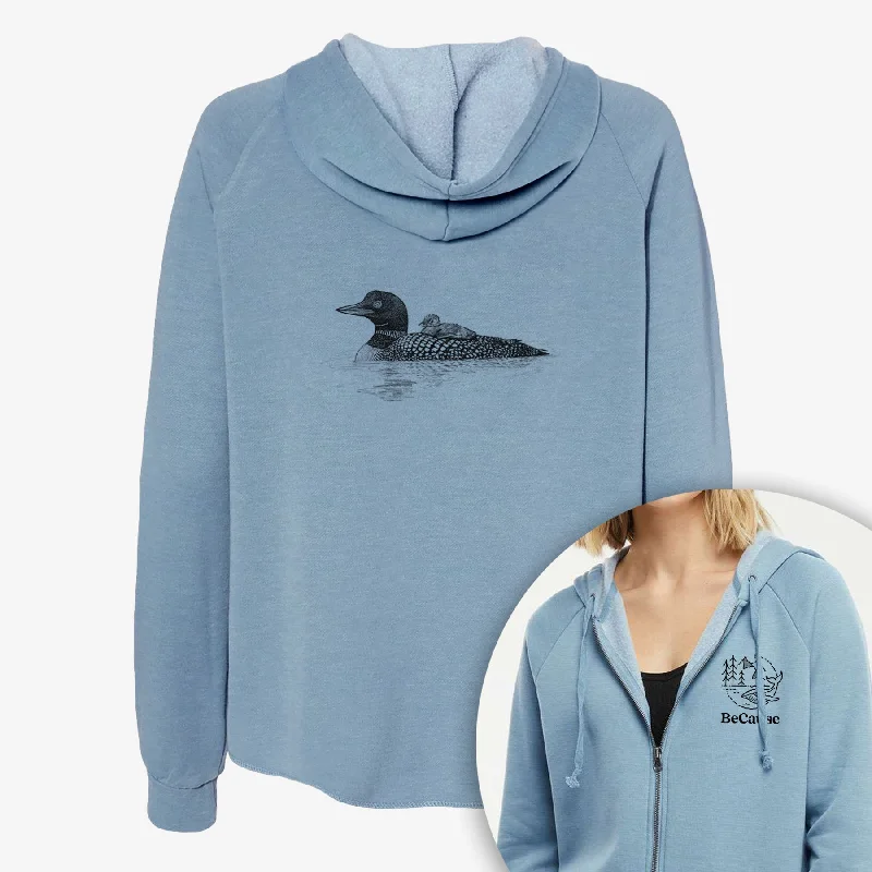 Common Loon with Chick - Gavia immer - Women's Cali Wave Zip-Up Sweatshirt Hoodie with Illustration Artistic Creative