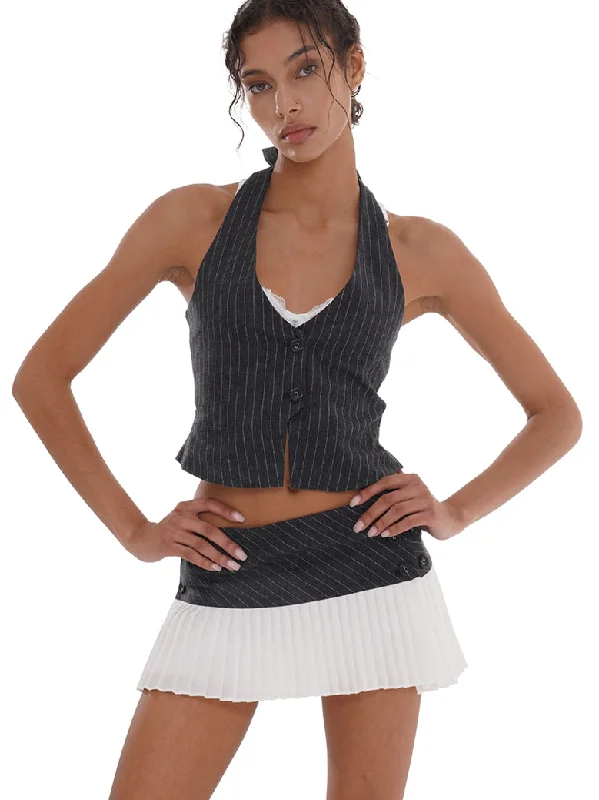 Grey Pinstriped Halter Vest Top & Skirt Set linen skirt light