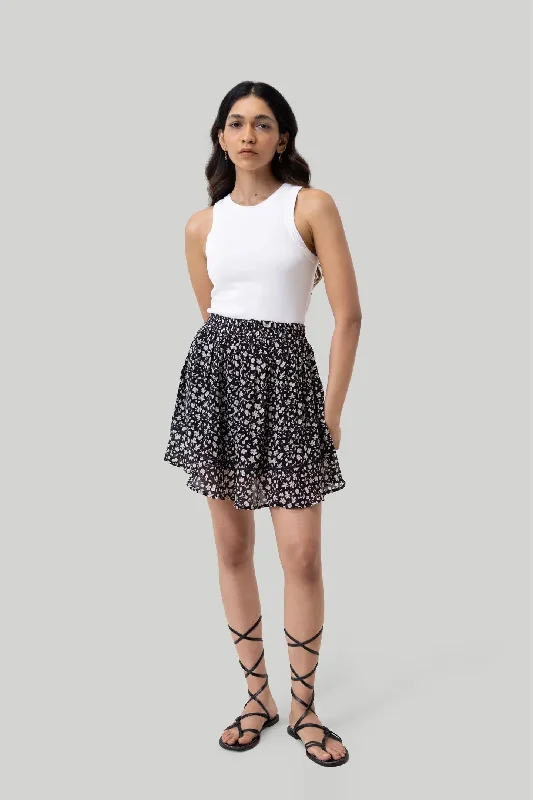 Drawstring Short Skirt in Black Floral velvet skirt glossy