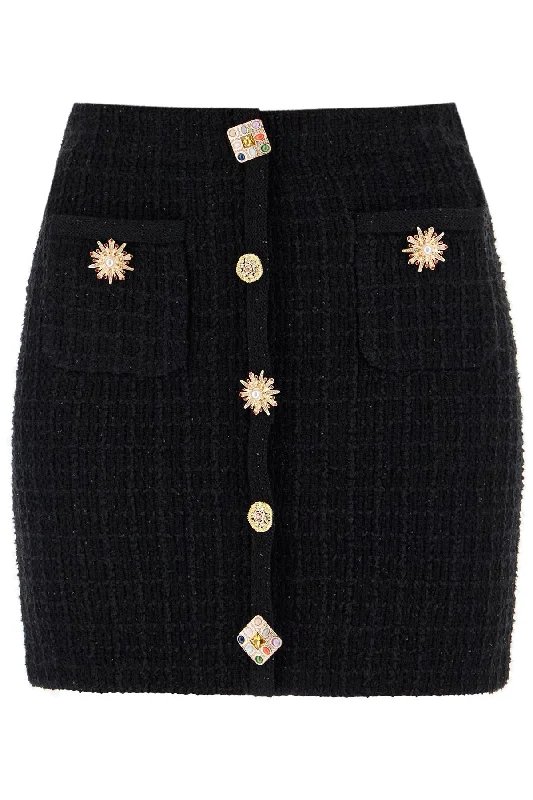 "knitted mini skirt with jewel buttons PF24 128SK B BLACK leather skirt durable