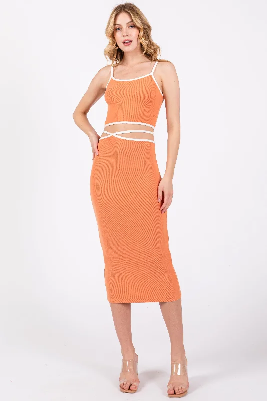 Orange Contrast Trim Sleeveless Crop Skirt linen skirt relaxed