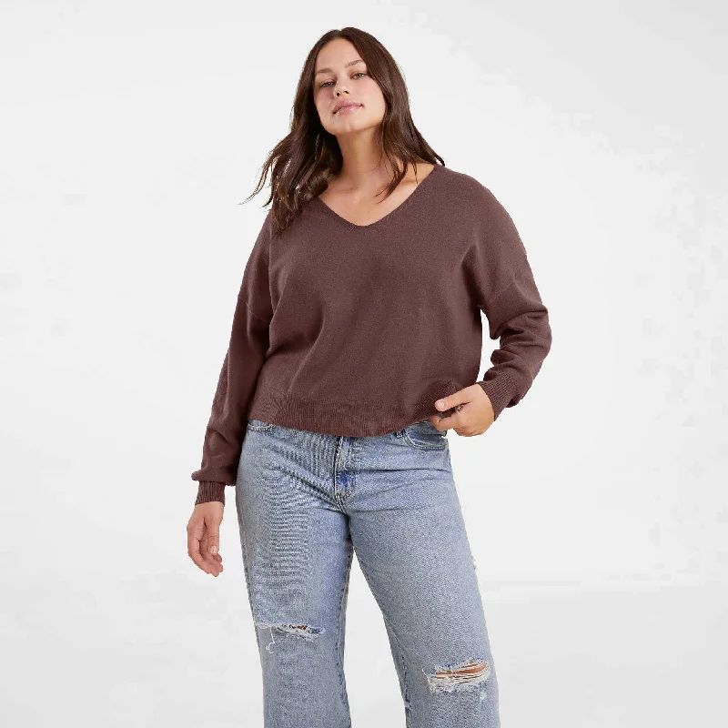 Luxe Knit V-Neck Sweater | Coffee Mesh Blend Leather Blend Suede Blend