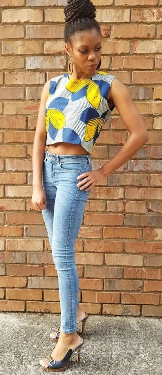 Blue and Yellow African Print Crop Top- DP3209CTP Lace Blend Ribbed Blend Corduroy Blend