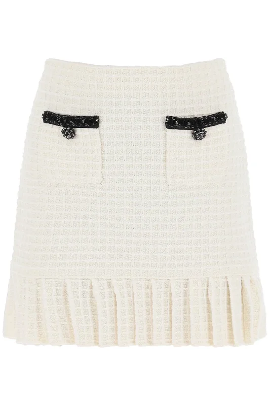 Self portrait knitted mini skirt with sequins RS24 150SK C CREAM ribbed skirt waist