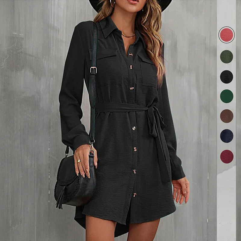 IKEARLAX Cross-border  New autumn 2025 cardigan shirt lapel women's commuter lace-up shirt dress Layered Multi-layer Single Layer