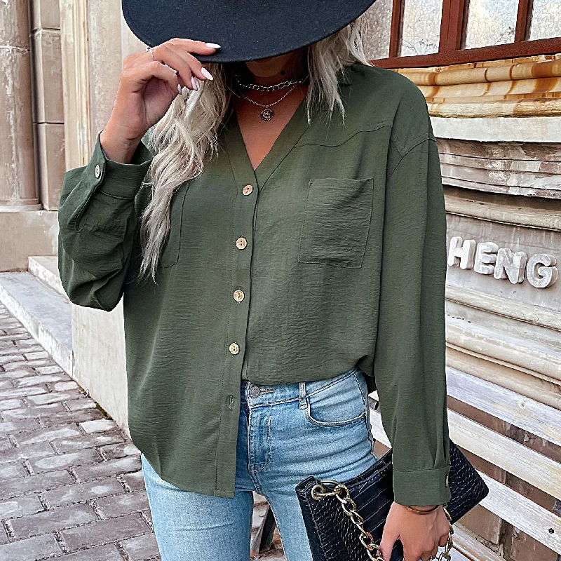 IKEARLAX Cross-border  New autumn new 2025 trade 2025 cardigan shirt lapel pocket casual commuter shirt women Thin Thick Dense