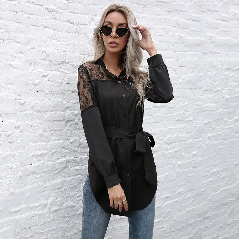 IKEARLAX Cross-border Popular, 2025,  popular Spring and Autumn Temperament Sexy Lace Splicing Cardigan Waist Lace Medium and Long Shirt Women Embroidered Appliqued Beaded