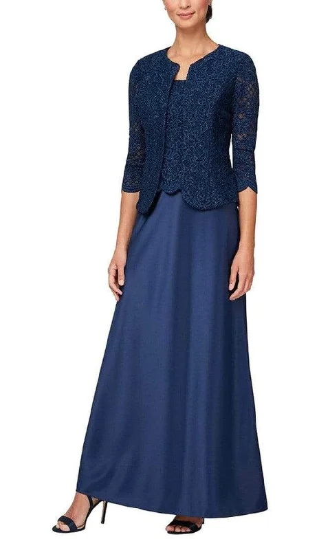 Alex Evenings 81122326 - Lace Top Long Dress With Jacket Notch Collar Jacket Peter Pan Collar Jacket Cowl Neck Jacket