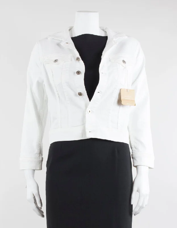 Ag White Denim Harper Jacket With Neon Embroidered Back Panel Size Medium Tiered Jacket Buttoned Jacket Zippered Jacket