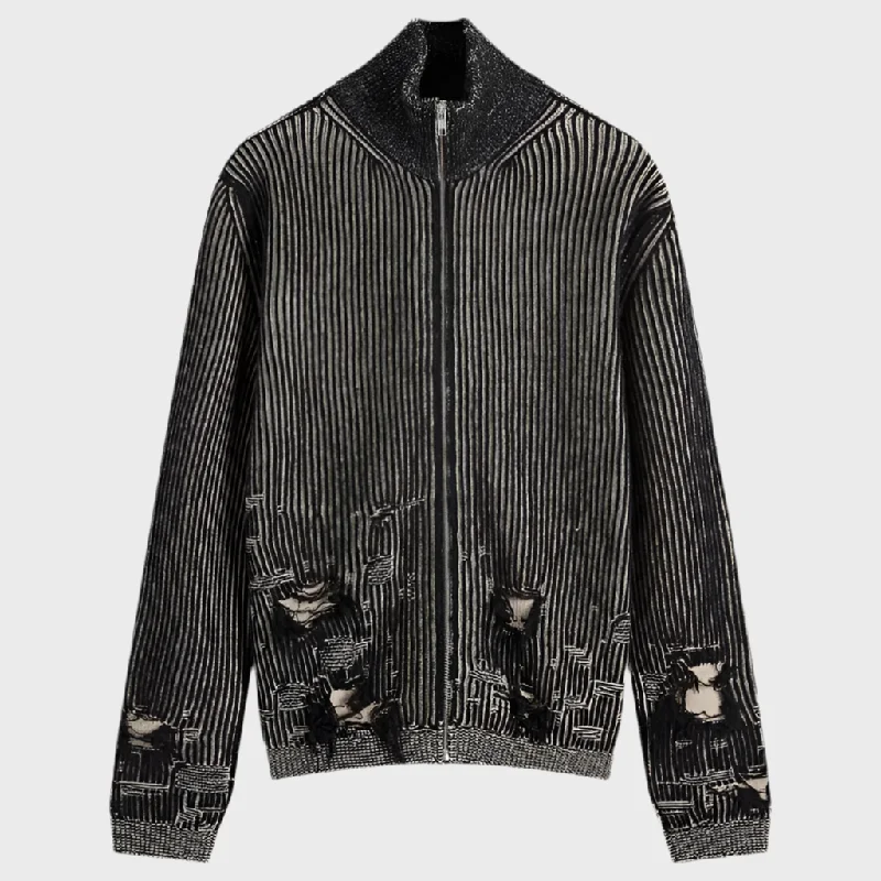 DISTRESSED RIB ZIP CARDIGAN Velvet Chenille Corduroy