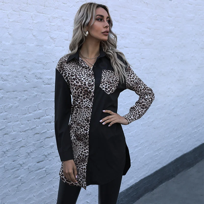 IKEARLAX cross-border  leopard print splicing suit collar cardigan long sleeve slim fit medium and long autumn retro shirt women Fitted Slim Tailored