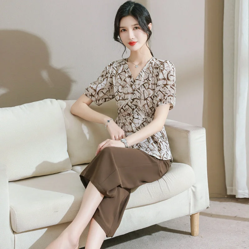 Summer New Leisure Suit Fashion Middle-Aged Women's Clothing Loose Belly-Covering Korean Style All-Match Wide Leg Pants Two-Piece Suit Quality Crop,