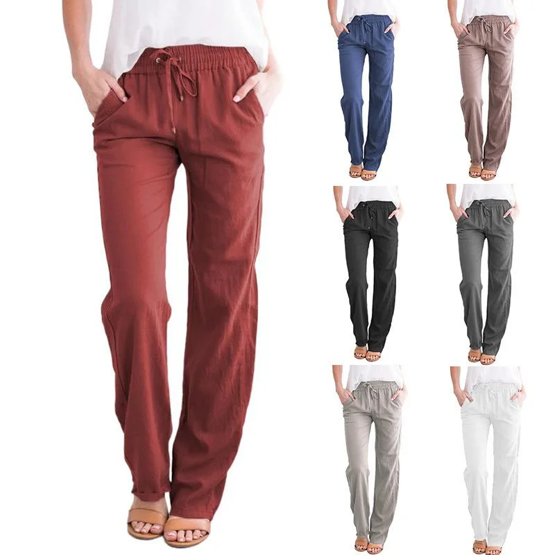 Solid cotton linen drawstring loose casual wide leg pants Pants Sale,