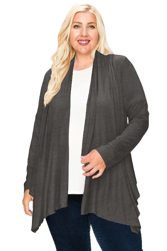 Women's Plus Size Casual Long Sleeve Draped Open Front Solid Cardigan Terry Blend Velvet Blend Canvas Blend