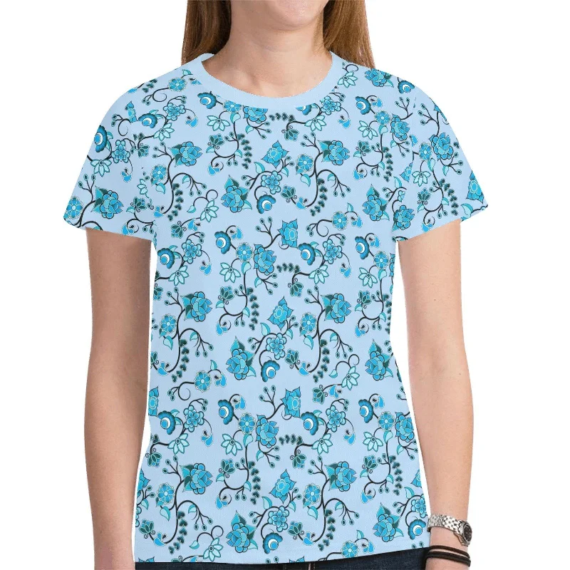 Blue Floral Amour T-shirt for Women Notch Collar Peter Pan Collar Cowl Neck