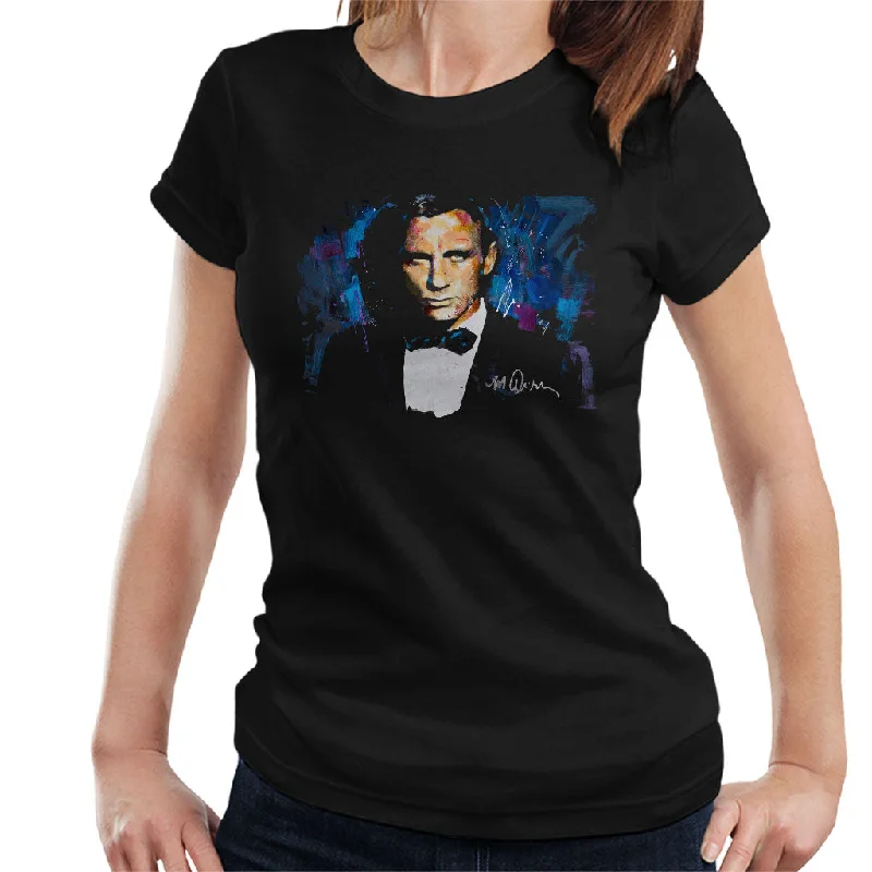 Sidney Maurer Original Portrait Of Daniel Craig James Bond Women's T-Shirt Striped Floral Plaid