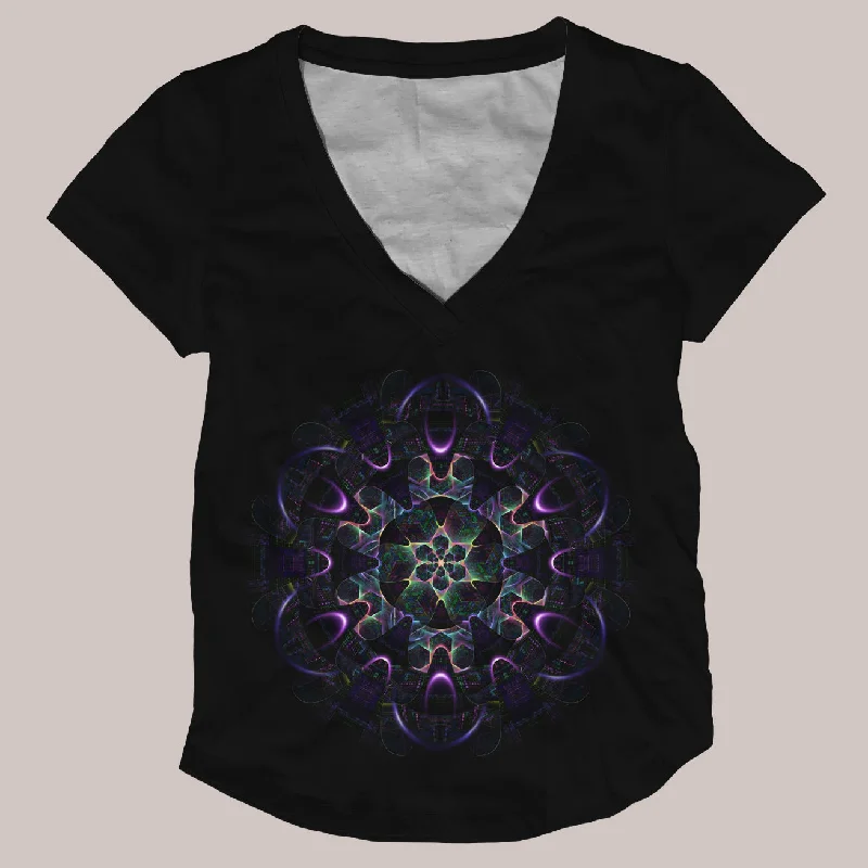 Visionary Art V-Neck Shirt (UV/RGB, Eco-Friendly, Womens) | NEUROVOID: COSMIC SYNCHRONICITY Print Jacquard Patchwork